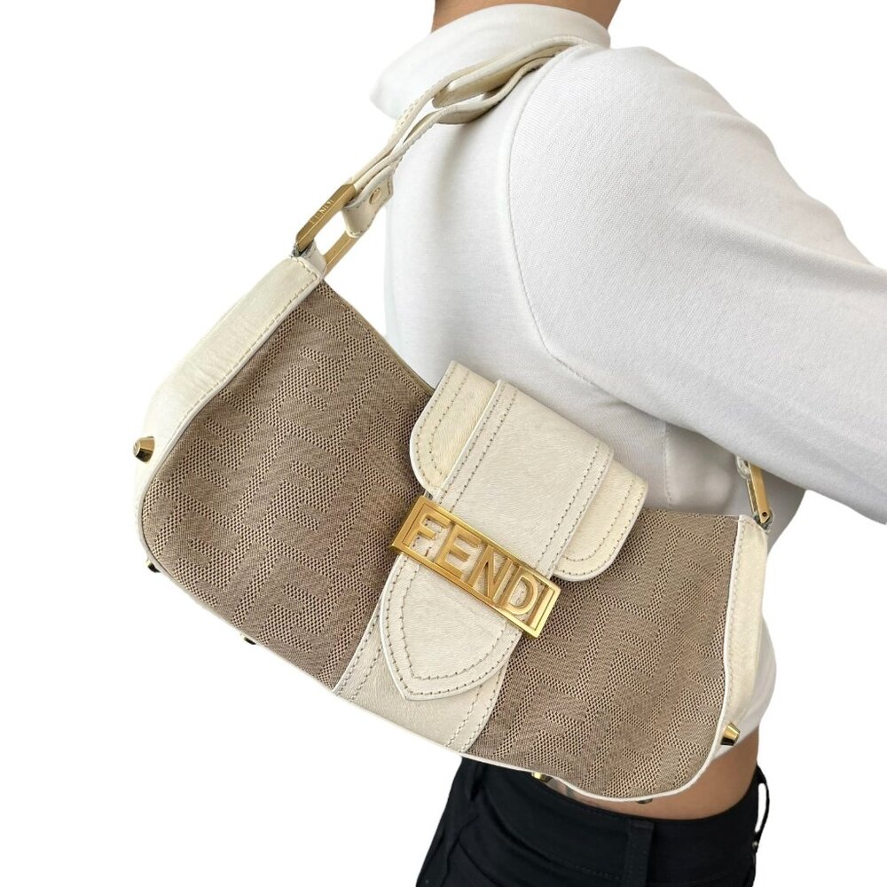 FENDI Vintage Zucca Monogram Logo Shoulder Bag Beige Cream Gold Canvas [105959]